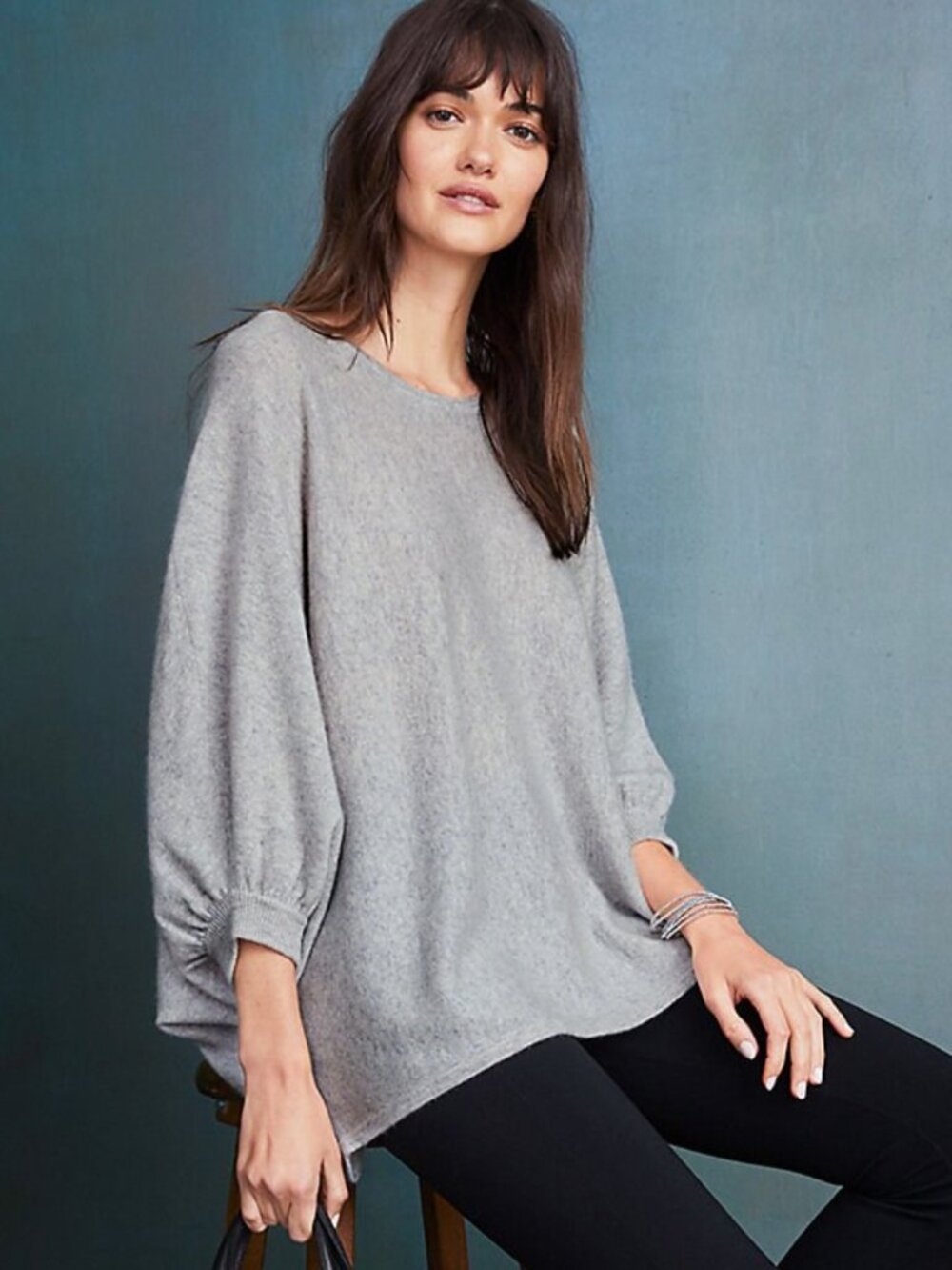 Garnet Hill 100% Cashmere Batwing Cape Sweater - Heather Grey